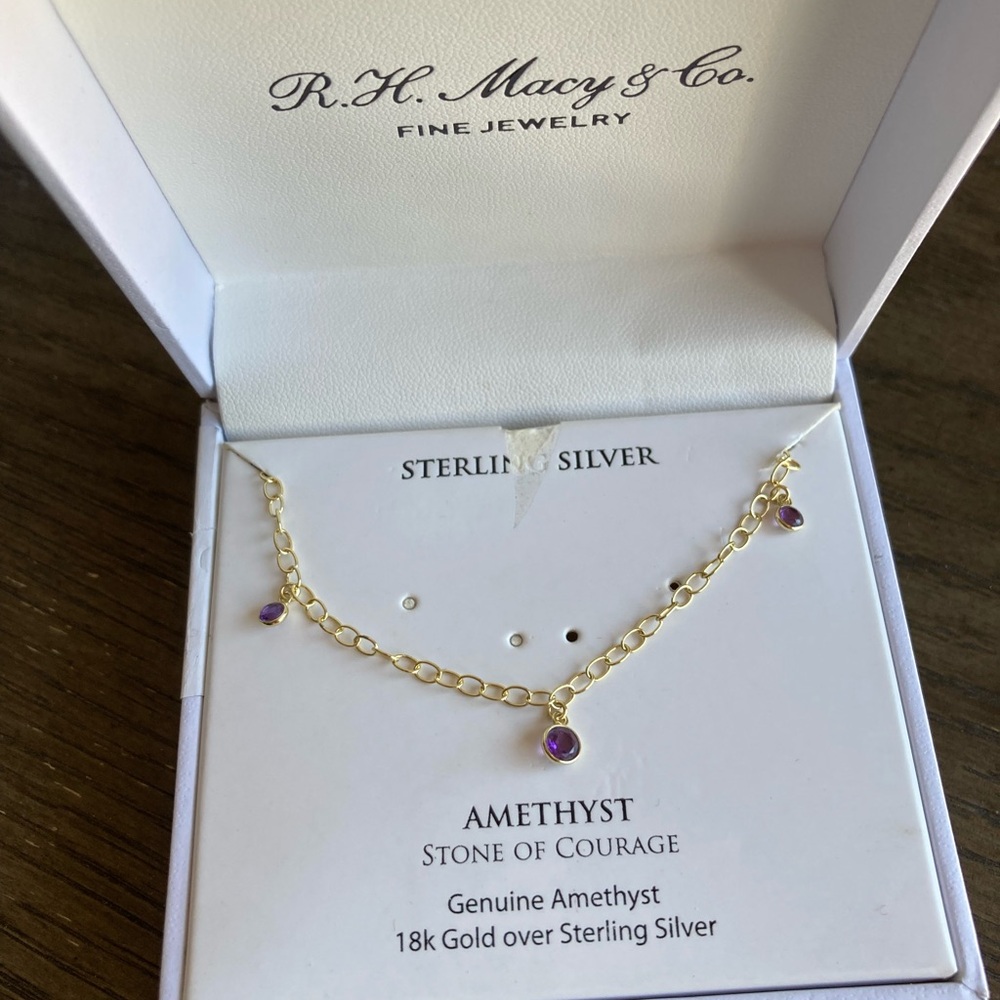 R.H. Macy & Co genuine amethyst 18k gold over sterling silver Necklace